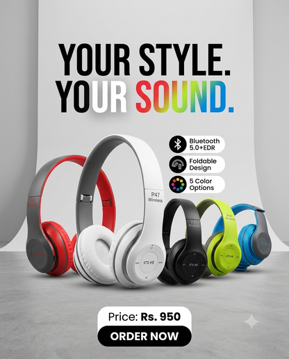 P47 Wireless Bluetooth Headphones (5.0+EDR) – Foldable Design, Available in 5 Colors