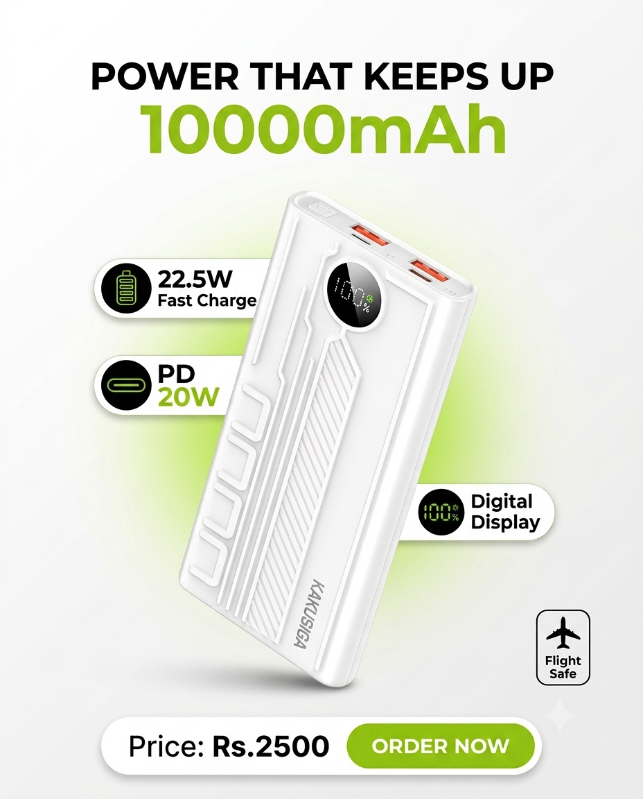 KAKUSIGA 10000mAh Power Bank – 22.5W Fast Charging, PD 20W, Digital Display