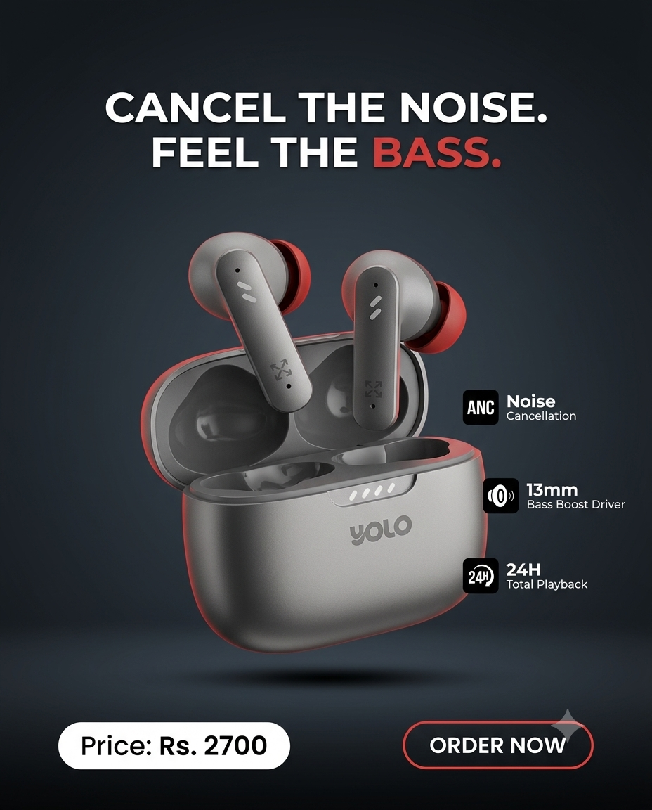 YOLO YoPod Aria True Wireless Earbuds – ANC Noise Cancellation, 13mm Bass Boost, 24H Playback