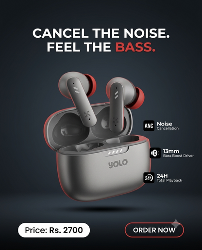 YOLO YoPod Aria True Wireless Earbuds – ANC Noise Cancellation, 13mm Bass Boost, 24H Playback