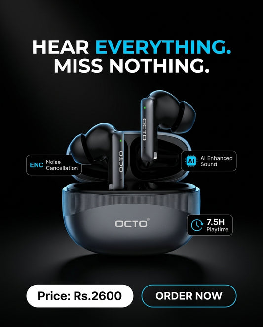 OCTO Pro Series True Wireless Earbuds (OC-EB001) – ENC Noise Cancellation, AI Sound, Bluetooth 5.4